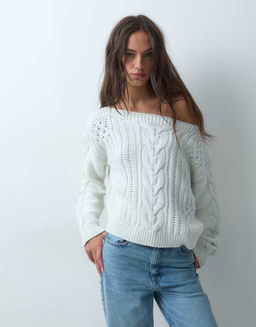 Miss Selfridge cable glitter asym jumper in cream, 4 of 5