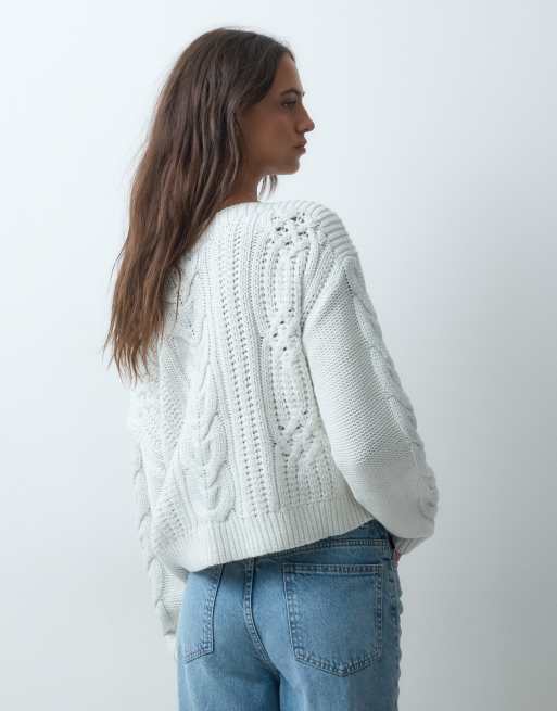 Miss Selfridge cable glitter asym jumper in cream, 5 of 5