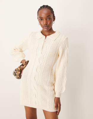 Miss Selfridge cable half zip mini dress in cream - view 1
