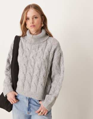 cable high neck cozy knit sweater in charcoal heather-Gray