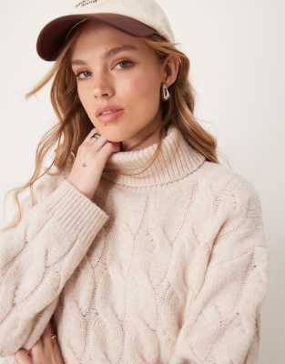 cable high neck cozy knit sweater in oatmeal-White