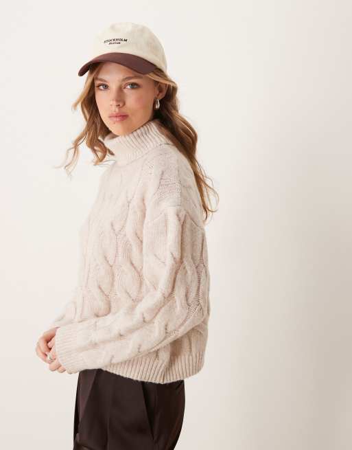 Miss Selfridge cable high neck cozy knit sweater in oatmeal, 4 of 4