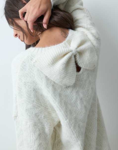 Miss Selfridge cable knit bow detail mini dress in cream