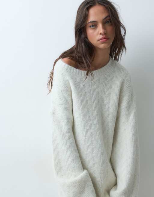 Miss Selfridge cable knit bow detail mini dress in cream, 5 of 5