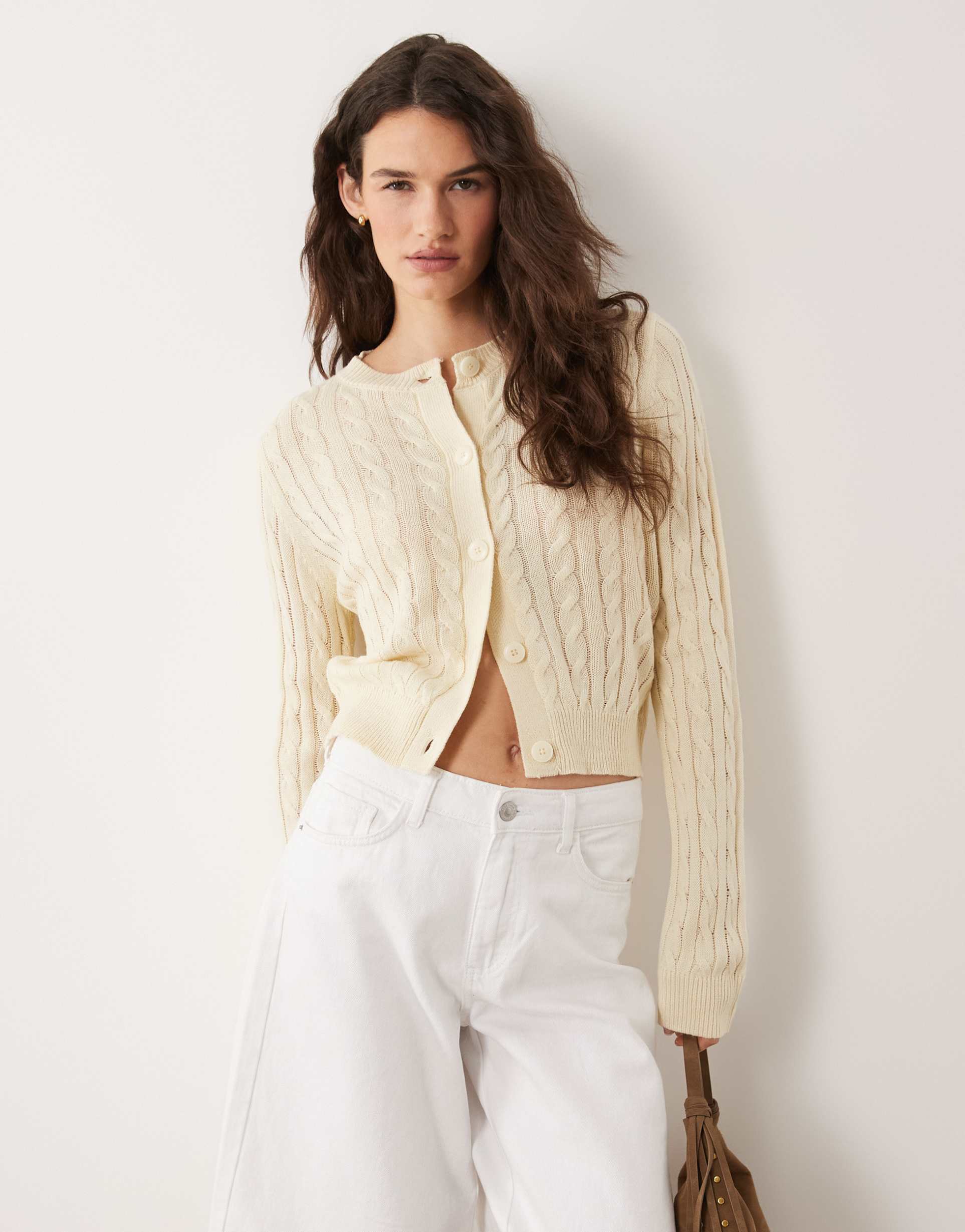 miss selfridge cable knit crew neck cardigan in buttermilk