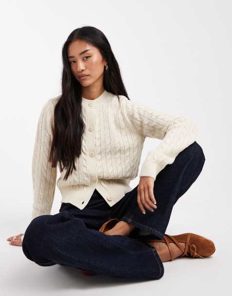 Miss Selfridge cable knit crew neck cardigan in cream - view 1