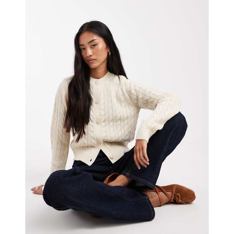 Miss Selfridge cable knit crew neck cardigan in cream | ASOS