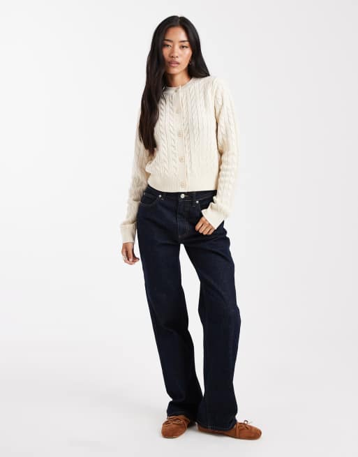 Miss Selfridge cable knit crew neck cardigan in cream