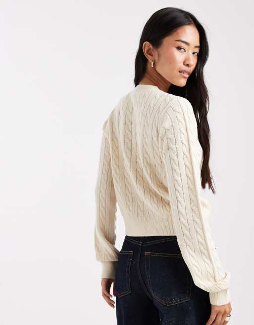 Miss Selfridge cable knit crew neck cardigan in cream, 3 of 4