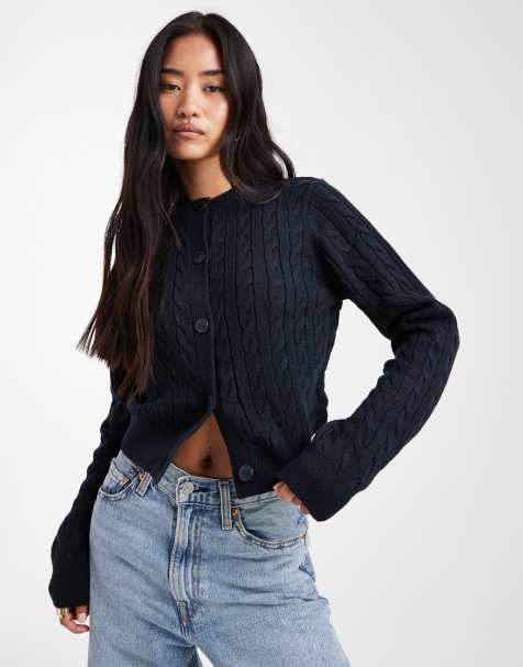 Miss Selfridge cable knit crew neck cardigan in navy - view 1