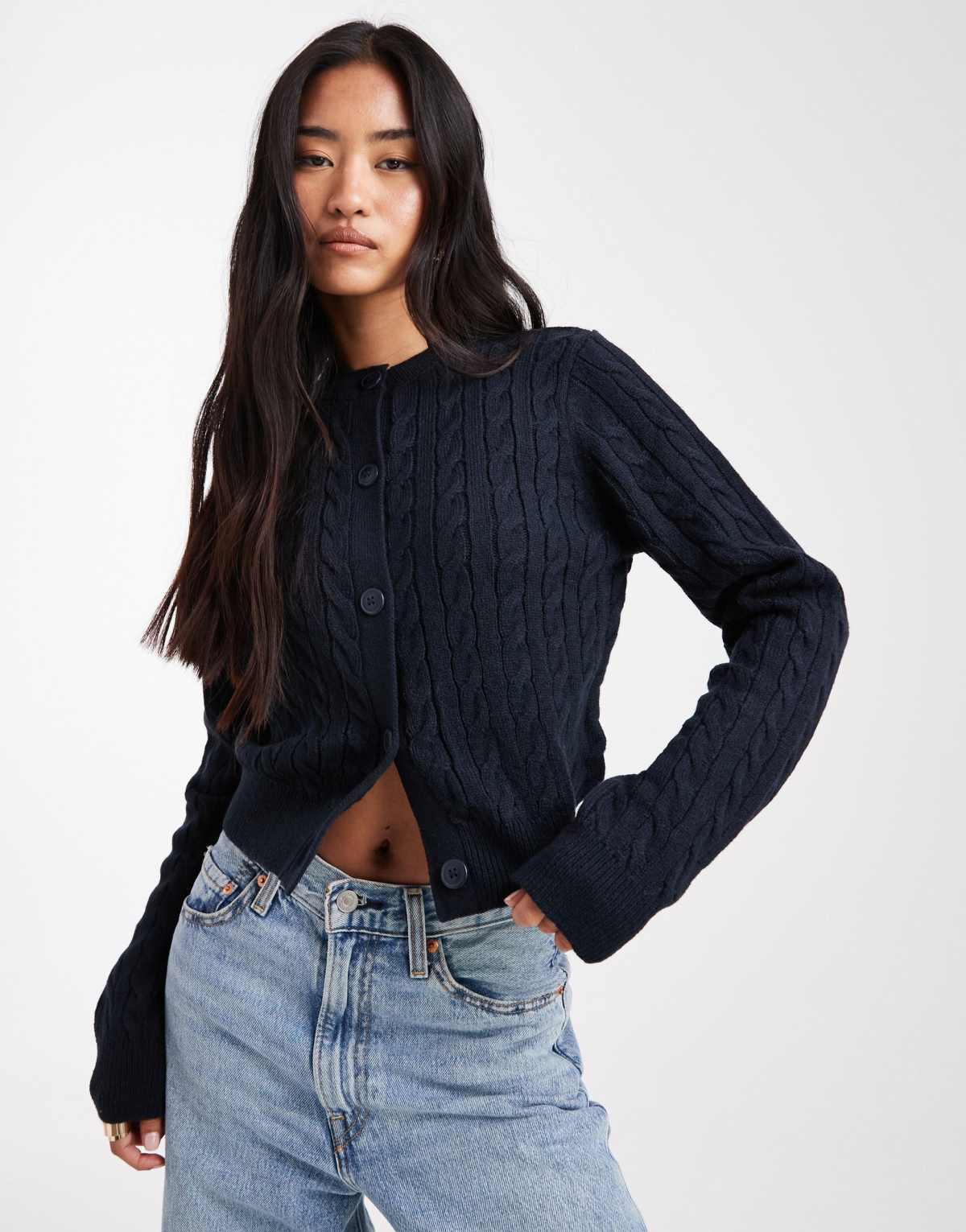 Miss Selfridge cable knit crew neck cardigan in navy