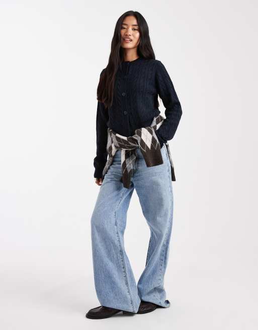 Miss Selfridge cable knit crew neck cardigan in navy