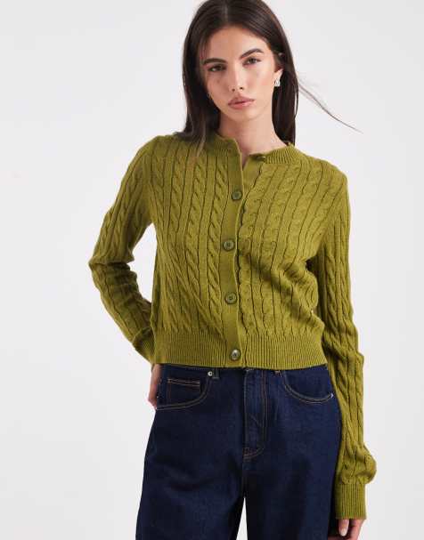 Miss Selfridge cable knit crew neck cardigan in olive