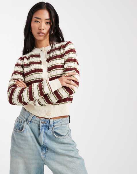 Miss Selfridge cable knit crew neck cardigan in stripes - view 1