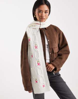 Miss Selfridge Cable Knit Embroidered Scarf In White