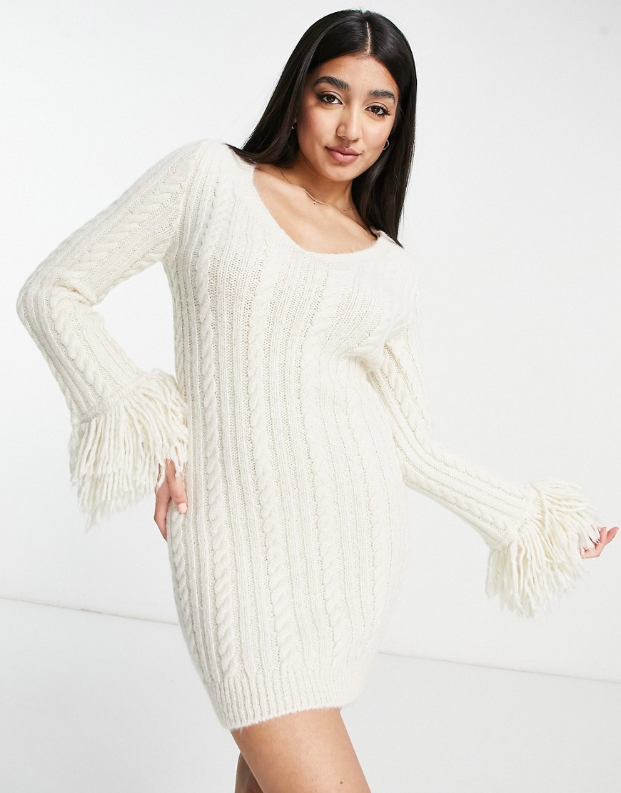 Miss Selfridge cable knit fringe mini dress in cream-White