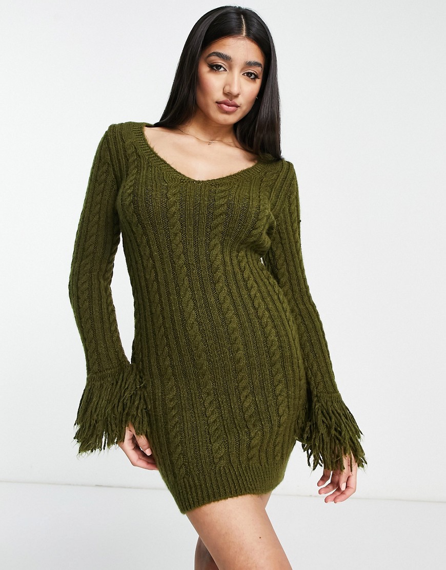 Miss Selfridge cable knit fringe mini dress in khaki-Green