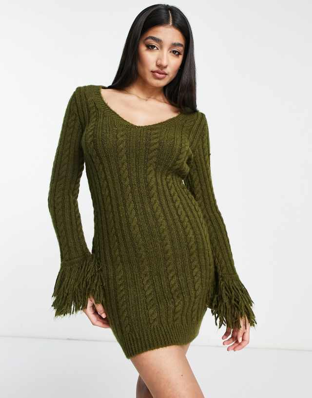 Miss Selfridge cable knit fringe mini dress in khaki