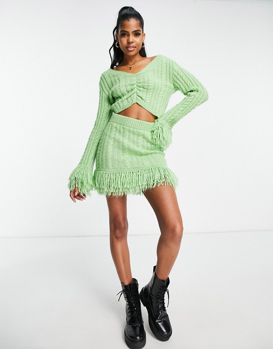 Miss Selfridge Cable Knit Fringe Mini Skirt Co-Ord In Green