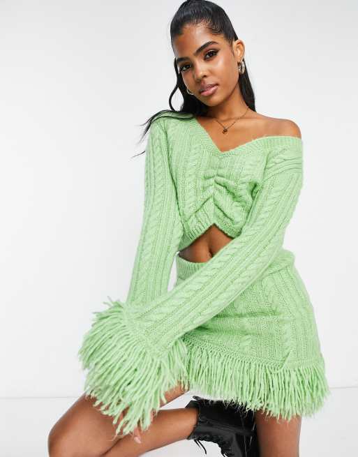 Miss Selfridge cable knit fringe ruched jumper co-ord in green