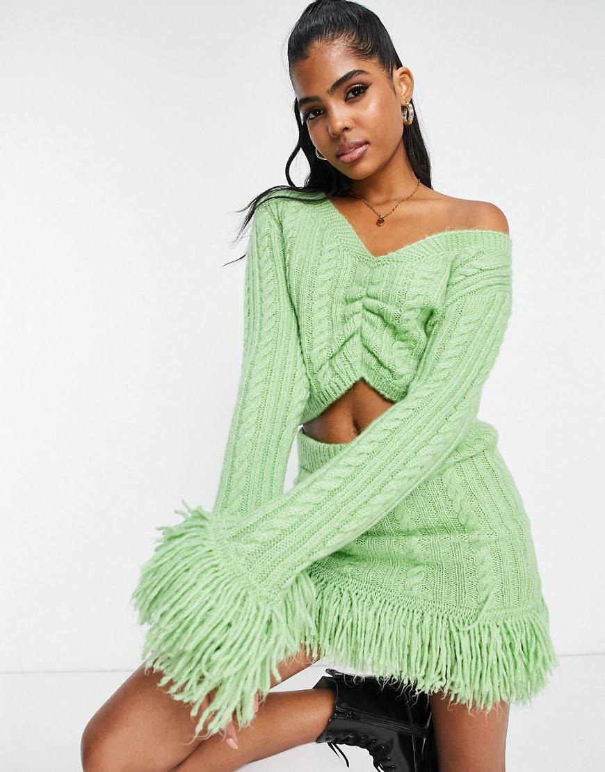 Miss Selfridge cable knit fringe ruched sweater in green - part of a set