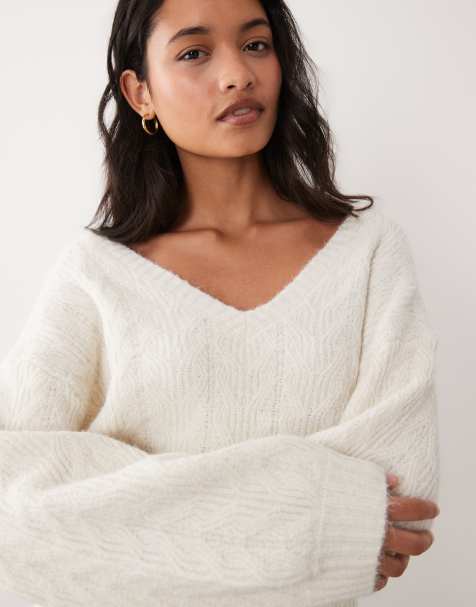 Miss Selfridge cable knit jumper with bow detail in cream - view 1