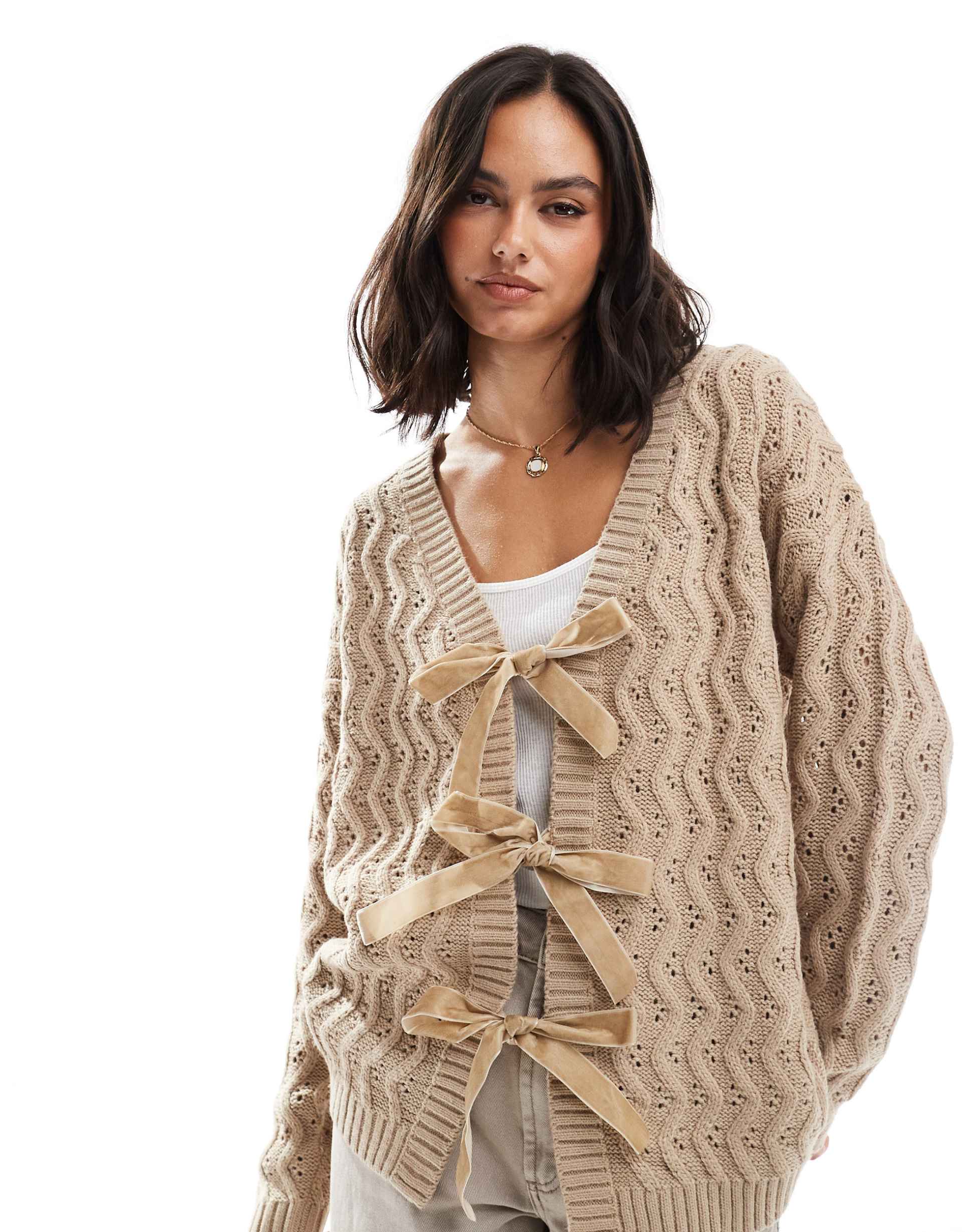 miss selfridge cable knit longline cardigan with velvet bow detail in camel