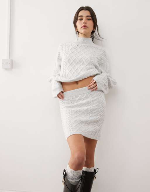 Miss Selfridge cable knit mini skirt in grey marl (part of a set