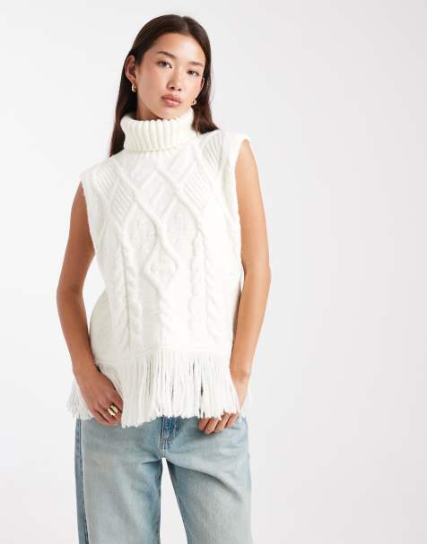 Miss Selfridge cable knit oversized fringe tank in cream - view 1