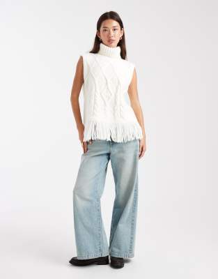 Miss Selfridge Cable Knit Oversized Fringe Tank In White