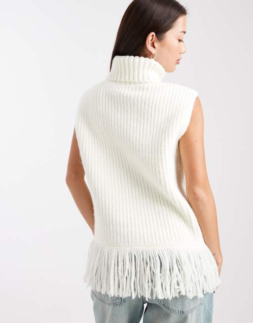 Miss Selfridge cable knit oversized fringe tank in cream