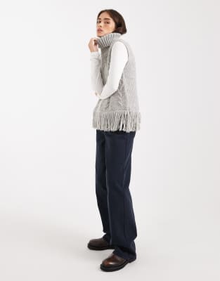 Miss Selfridge Cable Knit Oversized Fringe Tank In Gray