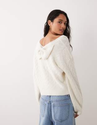 Miss Selfridge Cable Knit Sweater With Bow Detail In White