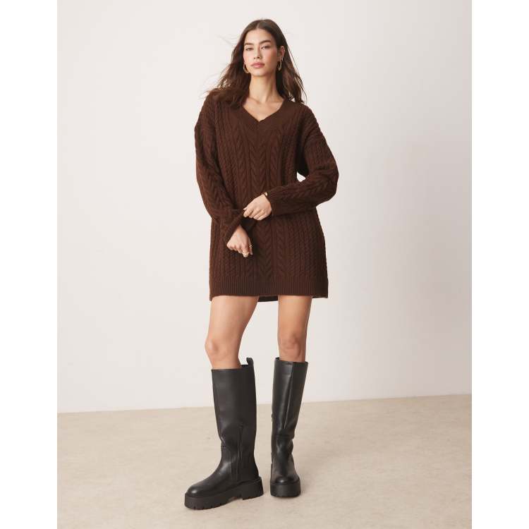 Miss Selfridge cable knit v neck mini dress in chocolate | ASOS