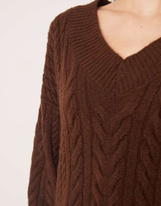Miss Selfridge cable knit v neck mini dress in chocolate, 2 of 4
