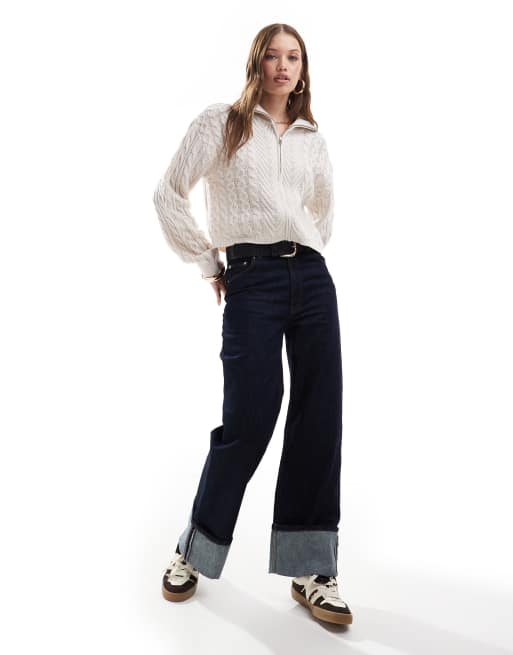 Miss Selfridge cable knit zip through crop cardigan in cream