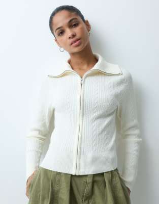 Miss Selfridge Cable Knit Zip Through Long Sleeve Top In Neutral