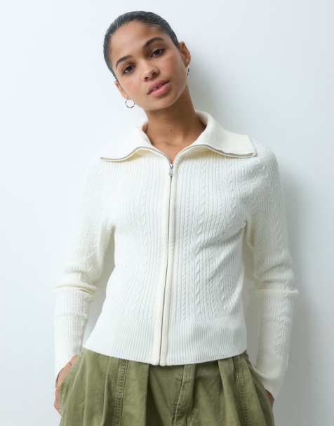 Miss Selfridge cable knit zip through long sleeve top in cream - view 1