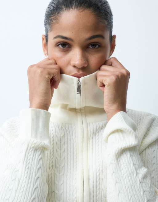 Miss Selfridge cable knit zip through long sleeve top in cream, 2 of 4