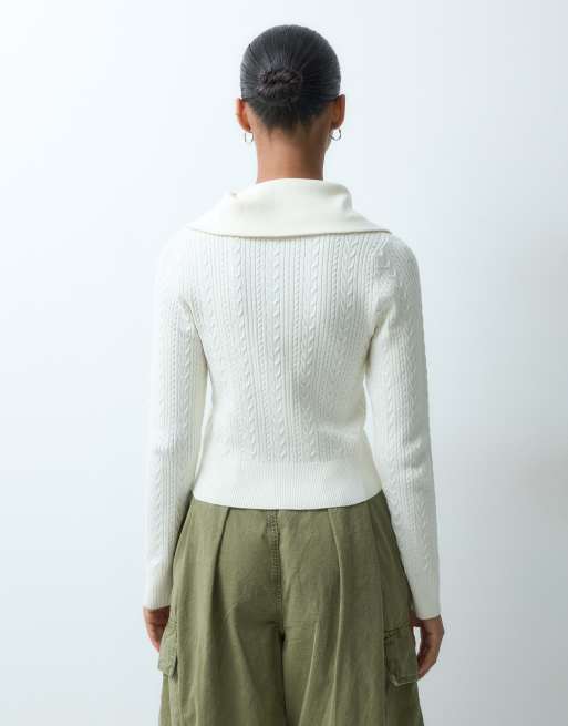 Miss Selfridge cable knit zip through long sleeve top in cream, 4 of 4