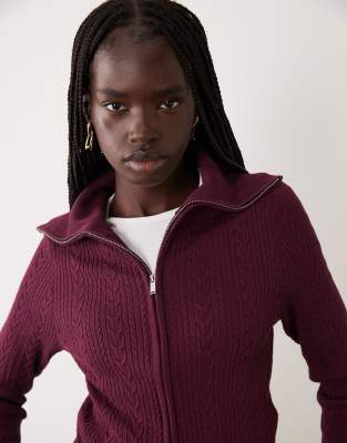 Miss Selfridge Cable Knit Zip Through Long Sleeve Top In Burgundy