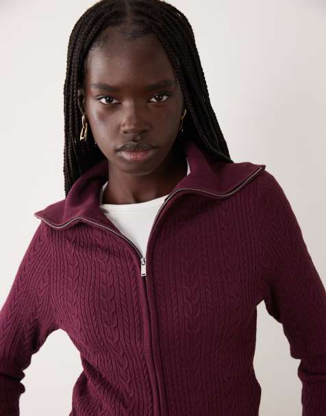 Miss Selfridge cable knit zip through long sleeve top in plum - view 1