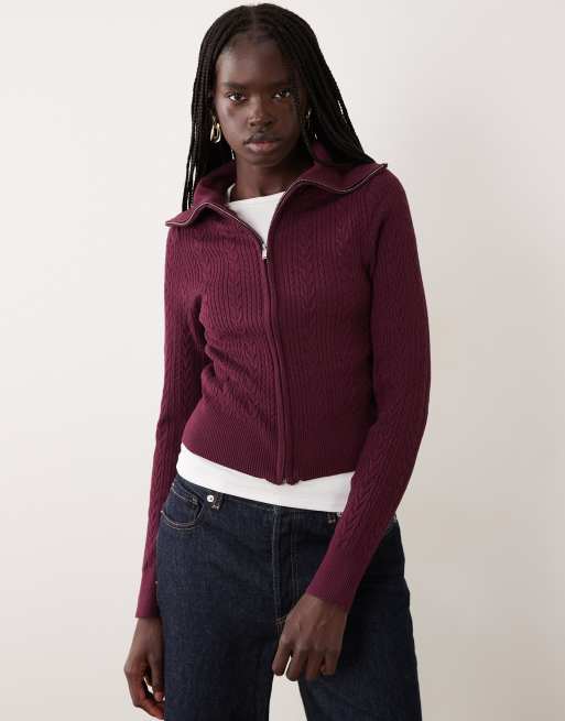 Miss Selfridge cable knit zip through long sleeve top in plum, 2 of 4