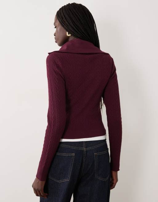 Miss Selfridge cable knit zip through long sleeve top in plum, 3 of 4