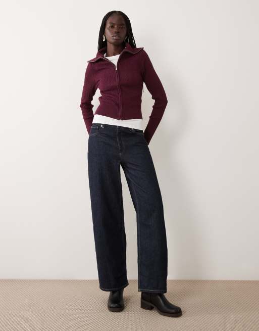 Miss Selfridge cable knit zip through long sleeve top in plum, 4 of 4