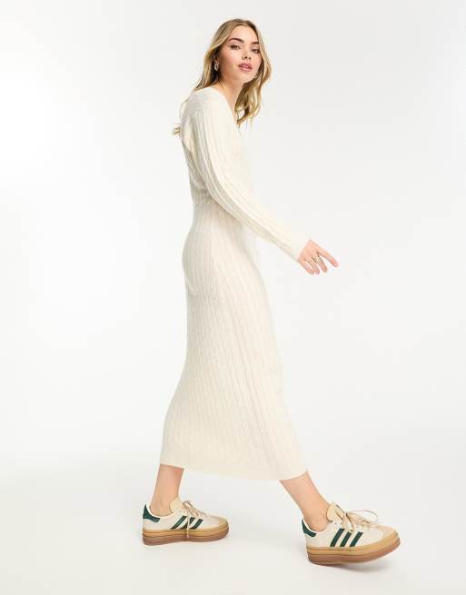 Miss Selfridge cable v neck fitted midi dress in pale cream | ASOS