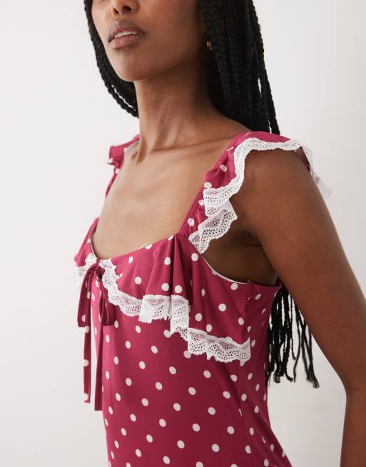 Miss Selfridge cami-maxikjole med flæse-stropper og polkaprikket print, 3 af 4