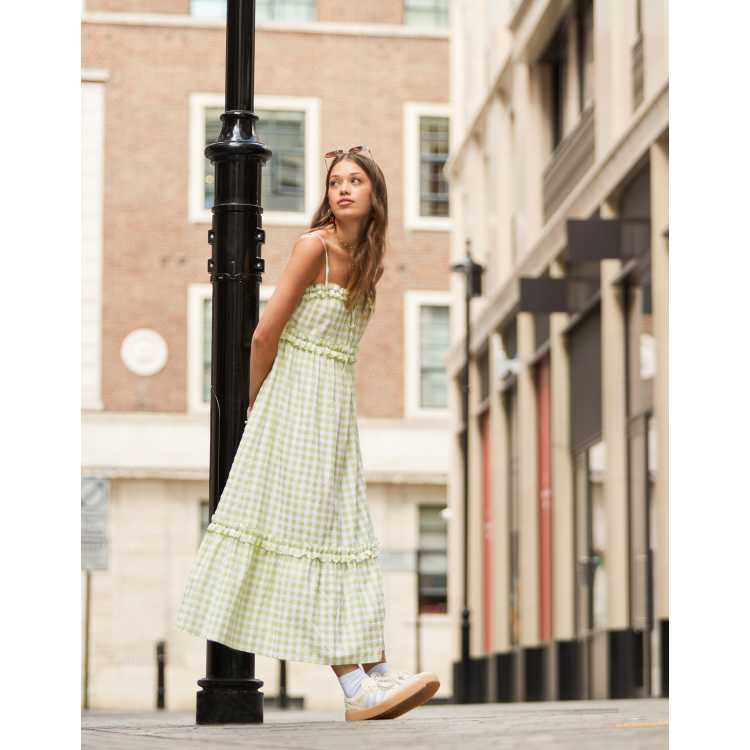 Miss Selfridge cami ruffle trim maxi dress in green gingham