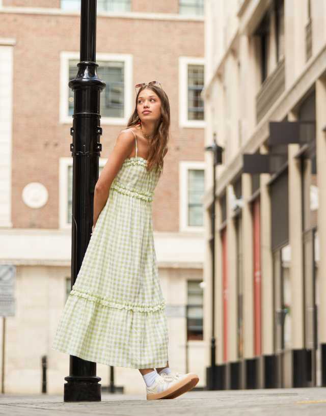 Miss Selfridge - cami ruffle trim maxi dress in green gingham