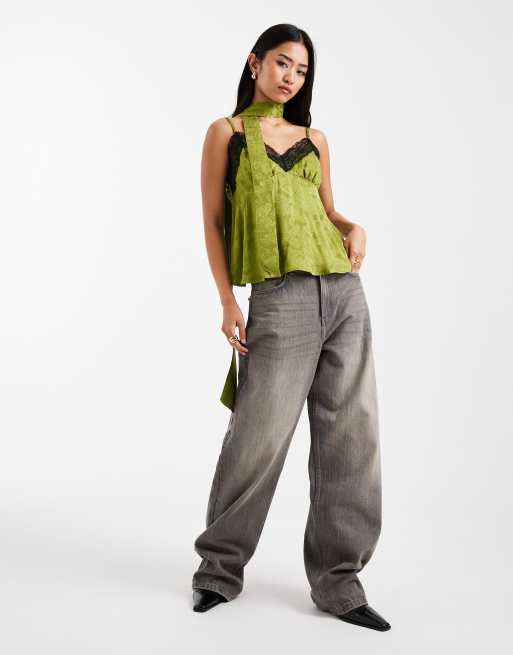 Miss Selfridge - Cami van jacquard en kant met sjaal in groen, 2 van 4